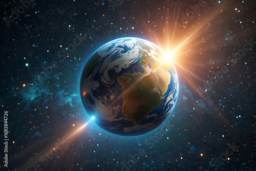 Earth viewed from space with a bright sunburst and glowing blue light