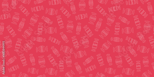 Candy, dessert pattern. Hand drawn food. Seamless background. Sweets day. Candies in wrappers with ornament, lollipops, caramel, chocolate. The sweetest day. Confectionery, doodle, sketch, drawing.