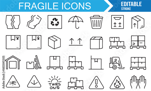 Editable stroke coal icons collection with mining tools, excavator, dump truck, and energy symbols