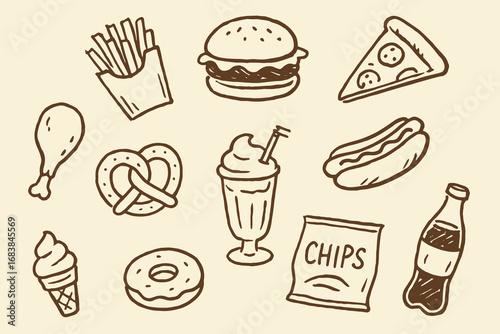 Fast food set sketch thick contour vector illustration