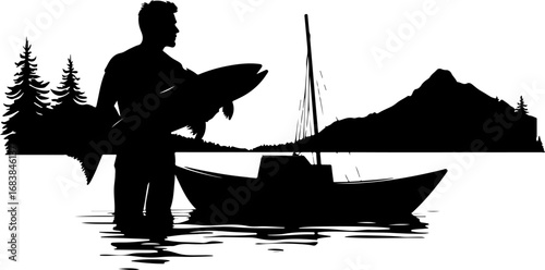 Mountain Lake Fishing Silhouette Design"