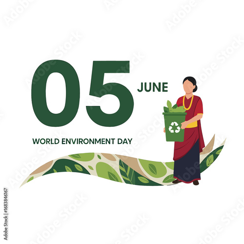 World Environment Day illustration featuring a woman holding a recycling bin.