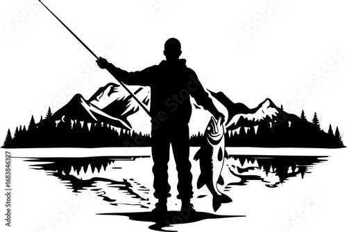 Mountain Lake Fishing Silhouette Design"