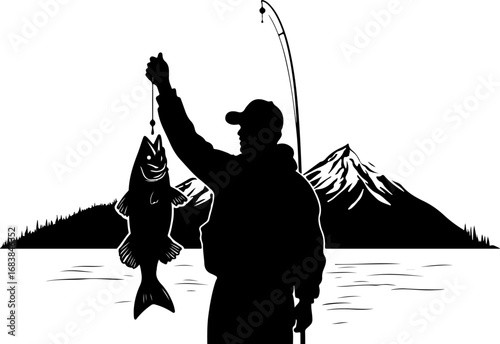 Mountain Lake Fishing Silhouette Design"