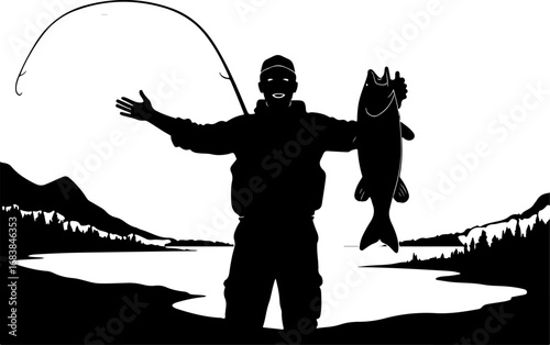 Mountain Lake Fishing Silhouette Design"