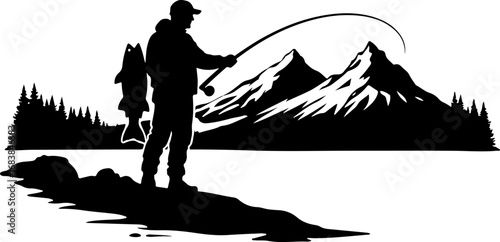 Mountain Lake Fishing Silhouette Design"