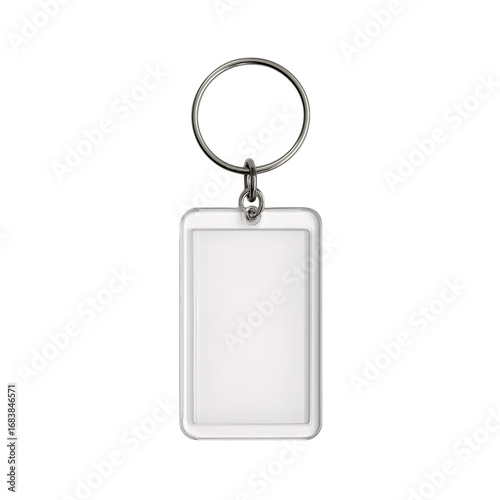 an acrylic keychain with a white background and a clear rectangular shape, with no text or design on the front, and space for one photo in an a6 format.