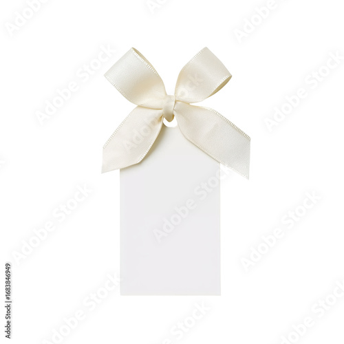 a white gift tag with a ribbon, isolated on a white background, in a white color palette, high-resolution photography, high-quality photo, high definition, 