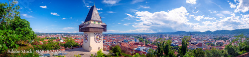Panoramic view with Castle Hill (Schloßberg) and famous clock tower (Uhrturm) on Graz in Styria, Austria