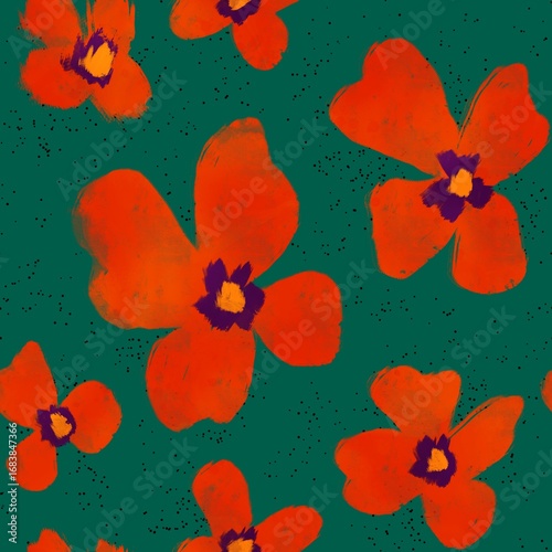 Digital Hand Painting Abstract Watercolor Poppy Flowers Seamless Pattern Isolated Background with Small Dots