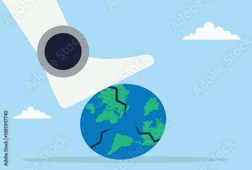 Vector illustration of a giant robotic foot crushing the globe, symbolizing technological domination, automation impact, and global disruption
