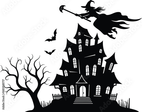 Silhouette of a witch flying a broomstick over a spooky haunted house halloween night, vector illustration for halloween design