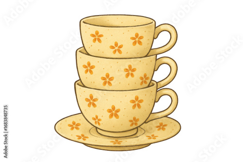 Stack of three yellow teacups with orange flower pattern isolated on transparent background
