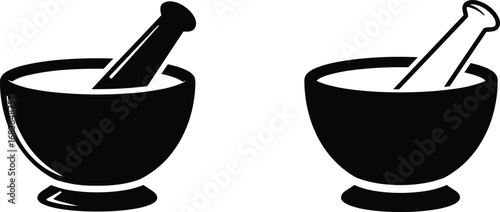 Black and white mortar and pestle illustration, traditional kitchen tool, herbal medicine grinder, cooking utensil, pharmacy equipment, spice crusher, vintage design