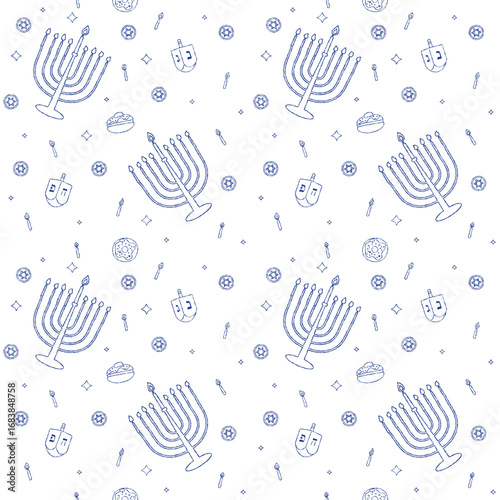 Hanukkah seamless outline pattern with hanukiah menorah, dreidels, donuts and candles in simple line style