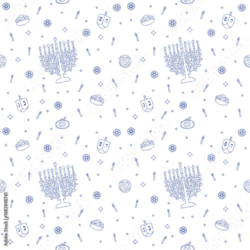 Hanukkah seamless line pattern with decorative hanukiah menorah, dreidels, coins and sufganiyah in festive outline design
