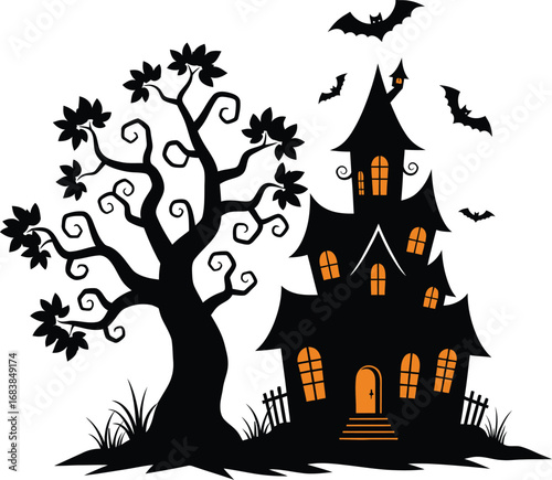 Spooky haunted house with a gnarled tree and bats flying around, , creating a classic halloween scene with a touch of vintage horror