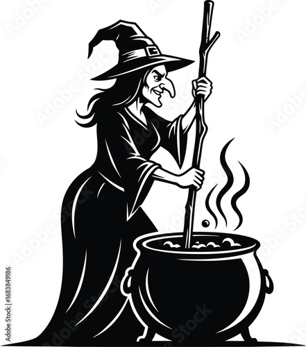 A cartoon witch is stirring a cauldron with a stick, this is a vector illustration for halloween or a fairy tale