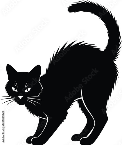 A sleek black cat with arched back and piercing eyes, , embodying mystery and superstition, perfect for halloweenthemed designs