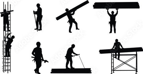 Silhouettes of construction workers on ladders, scaffolding, lifting beams, measuring, building structures, industrial labor, safety gear, teamwork, heavy equipment, tools