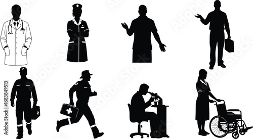 Healthcare, medical, doctor, nurse, paramedic, EMT, caregiver, researcher, silhouette, hospital, clinic, emergency, medicine, staff, teamwork, professional, service, treatment,