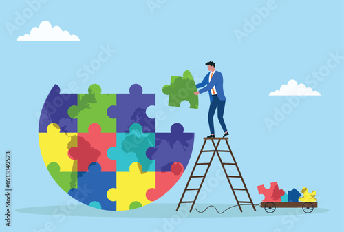 Vector illustration of a businessman on a ladder placing a puzzle piece into a colorful jigsaw globe, representing global strategy, teamwork, and problem solving

