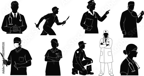 Silhouette medical professionals, doctors, nurses, surgeons, paramedics, healthcare workers, stethoscope, scalpel, emergency, hospital staff, clinic team, medical icons,