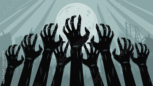 Spooky zombie hands emerge from darkness beneath a eerie full moon in a haunting scene