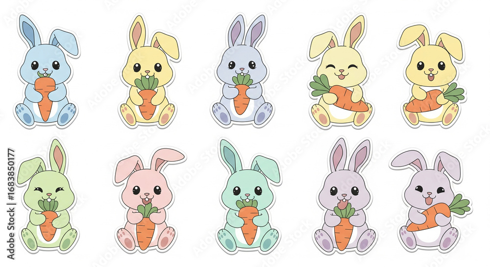 Fototapeta premium Adorable bunnies holding carrots, perfect for spring