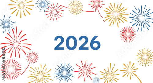 New Year Celebration Fireworks Border with Colorful Explosions and Blue Text