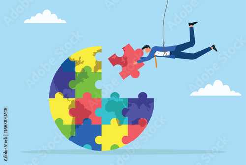 Vector illustration of a businessman hanging on a rope placing a puzzle piece on a colorful globe symbolizing global unity, problem solving, teamwork, and creative solutions
