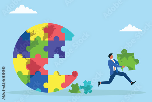 Vector illustration of a businessman running away with puzzle pieces from colorful globes symbolizing global challenges, loss of solutions, or breaking unity
