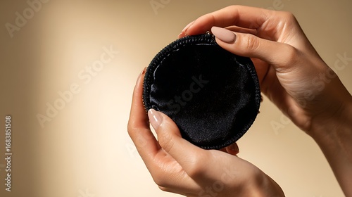 Woman holding a small black round zippered pouch in her hands against a neutral background studio shot