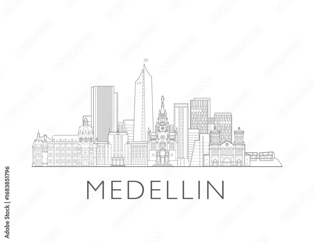 Naklejka premium Medellin, Colombia, cityscape illustration skyline drawing
