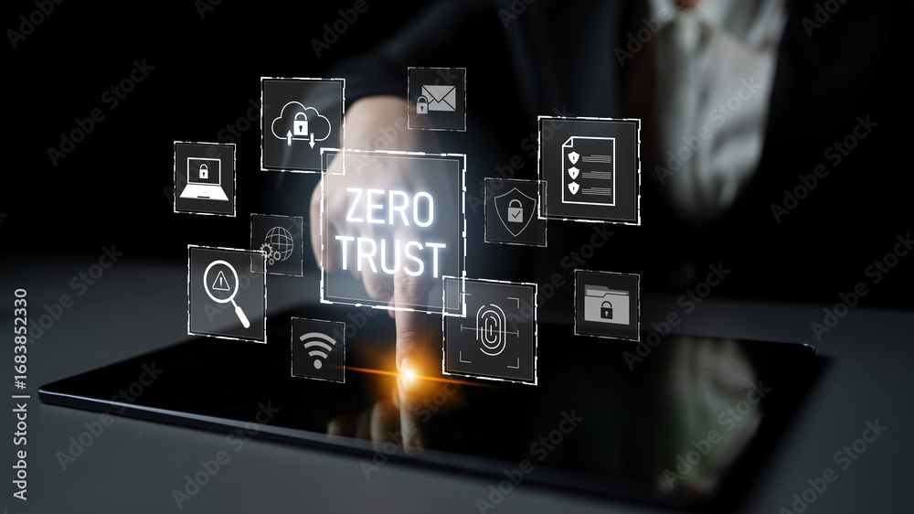 Fototapeta premium Zero trust model enhances data protection. Zero trust blocks unauthorized access, secures devices, zero trust defends networks, and zero trust verifies users continuously. Latch