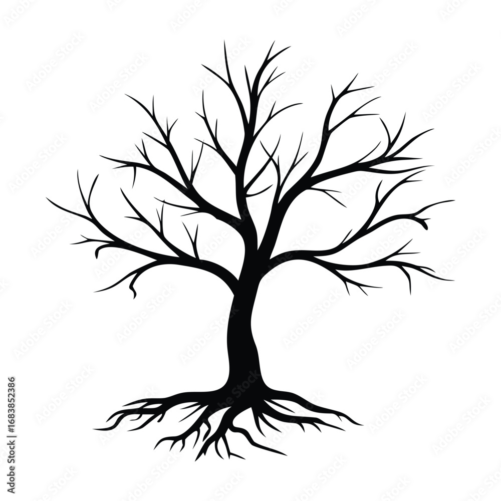Obraz premium Bare Tree Silhouette with Roots Black Vector Illustration on White Background