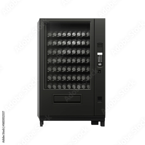  3d render of a black vending machine with 20 bottles, on a white background, front view