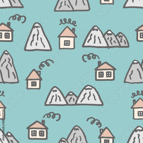 Vector seamless pattern with freehand drawn cartoon houses with windows chimney smoke mountains rocks north made in kid childish style on blue background