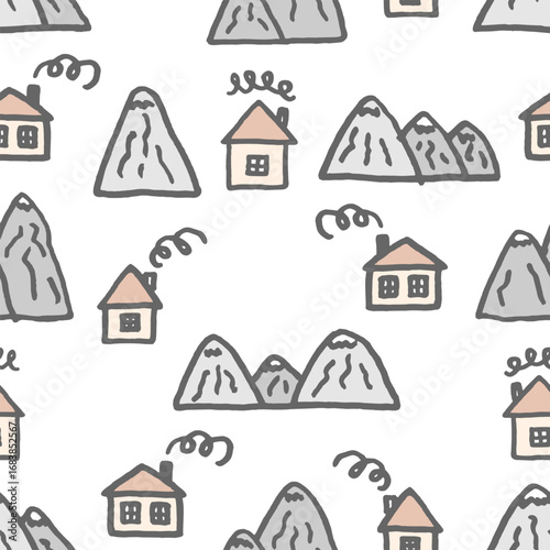 Vector seamless pattern with freehand drawn cartoon houses with windows chimney smoke mountains rocks north made in kid childish style on white background