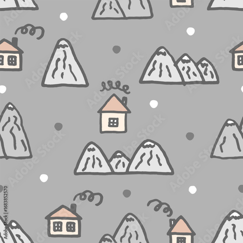 Vector seamless pattern with freehand drawn cartoon houses with windows chimney smoke mountains rocks snow snowflackes north made in kid childish style on gray background