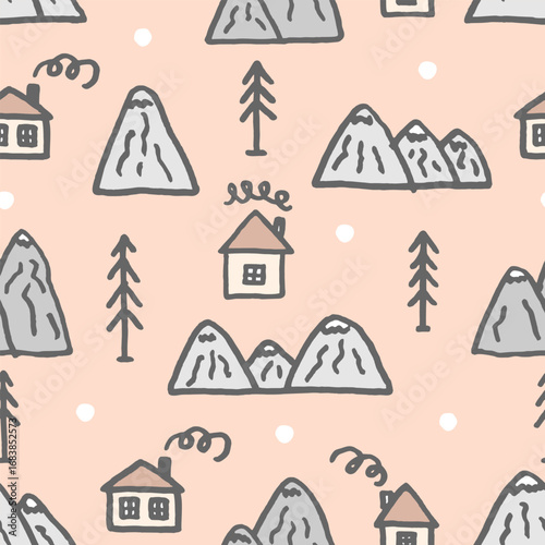 Vector seamless pattern with freehand drawn cartoon houses with windows chimney smoke mountains rocks fir trees snow snowflackes north made in kid childish style on pink background