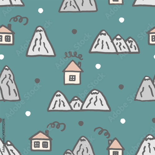 Vector seamless pattern with freehand drawn cartoon houses with windows chimney smoke mountains rocks snow snowflackes north made in kid childish style on cyan background