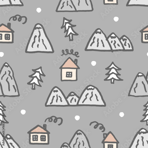 Vector seamless pattern with freehand drawn cartoon houses with windows chimney smoke mountains rocks fir trees snow snowflackes north made in kid childish style on gray background