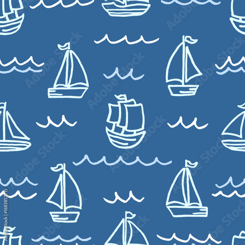 Vector seamless pattern with freehand drawn cartoon sea ocean sail sailing ships boats transport waves waves made in kid childish style on dark blue background