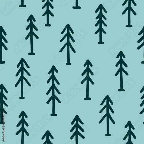 Vector seamless pattern with freehand drawn cartoon fir trees made in kid childish style on cyan background