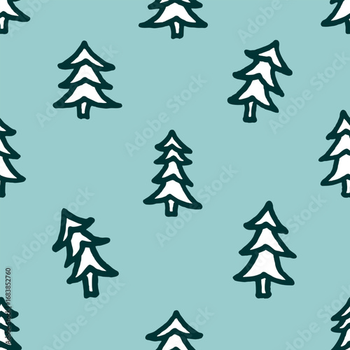 Vector seamless pattern with freehand drawn cartoon fir trees made in kid childish style on cyan background