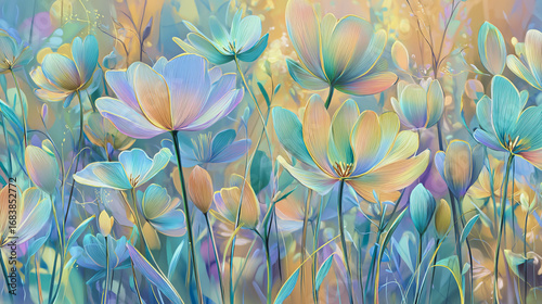 watercolor pictures Natural little a Tulip flower field in a lifestyle style expressing wonder with pastel floral shades and golden lighting harmony