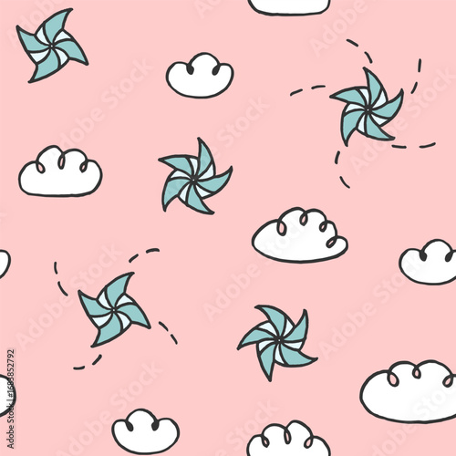 Vector seamless pattern with freehand drawn cartoon pinweels tracks clouds on blue background made in kid childish style