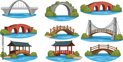Collection of Diverse Bridge Designs with Water and Nature Backgrounds Featuring Traditional, Modern, Wooden, Stone, and Suspension Architecture Styles