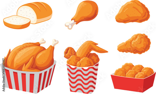 Fried chicken and bread vector set with drumsticks, nuggets, roasted chicken, sliced loaf, fast food illustration, isolated on white